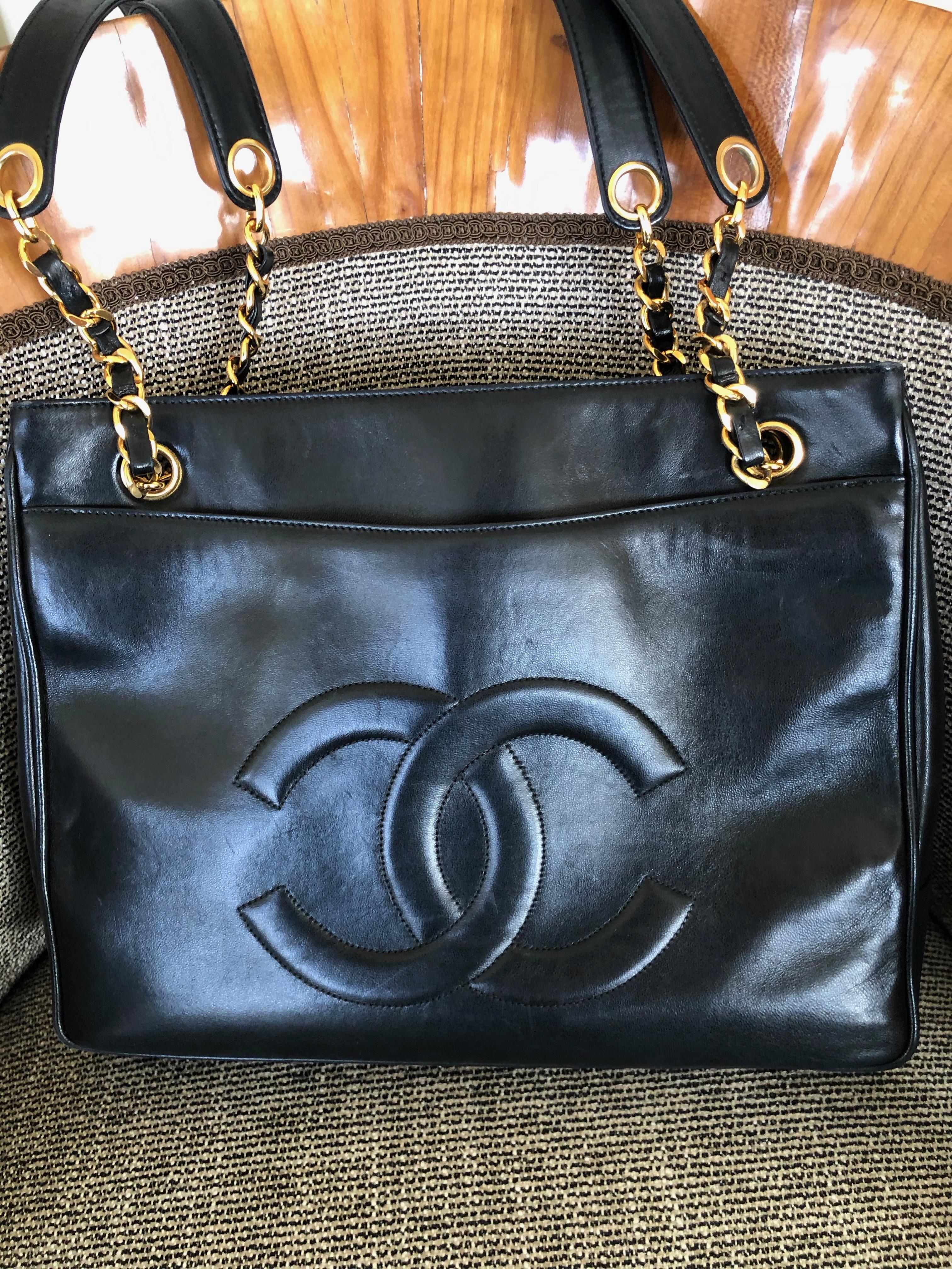 Chanel Large Vintage Black Leather Shopping Bag w Large CC Logo & Gold Hardware.
13