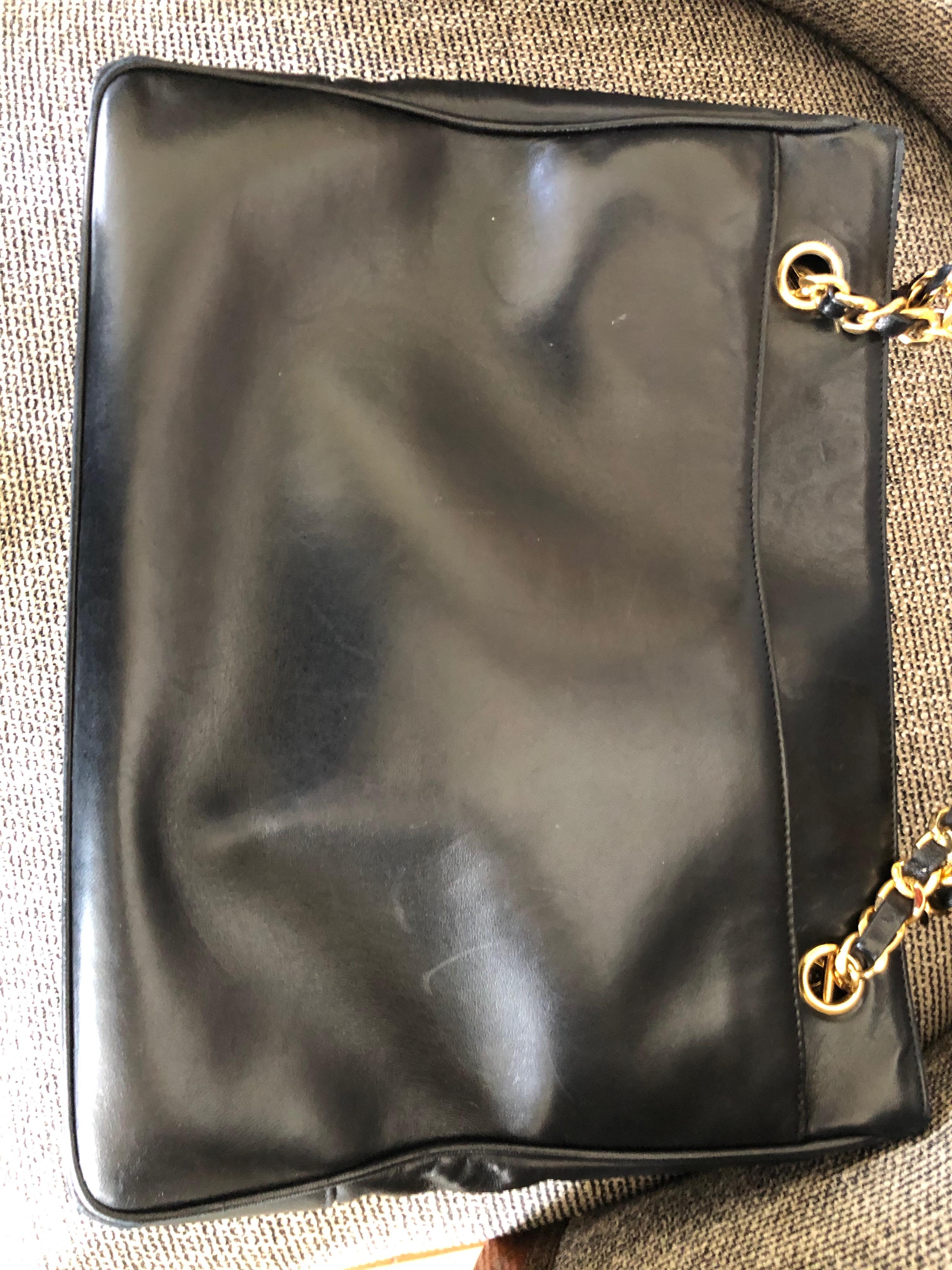 Chanel Large Vintage Black Leather Shopping Bag w Large CC Logo & Gold Hardware For Sale 3