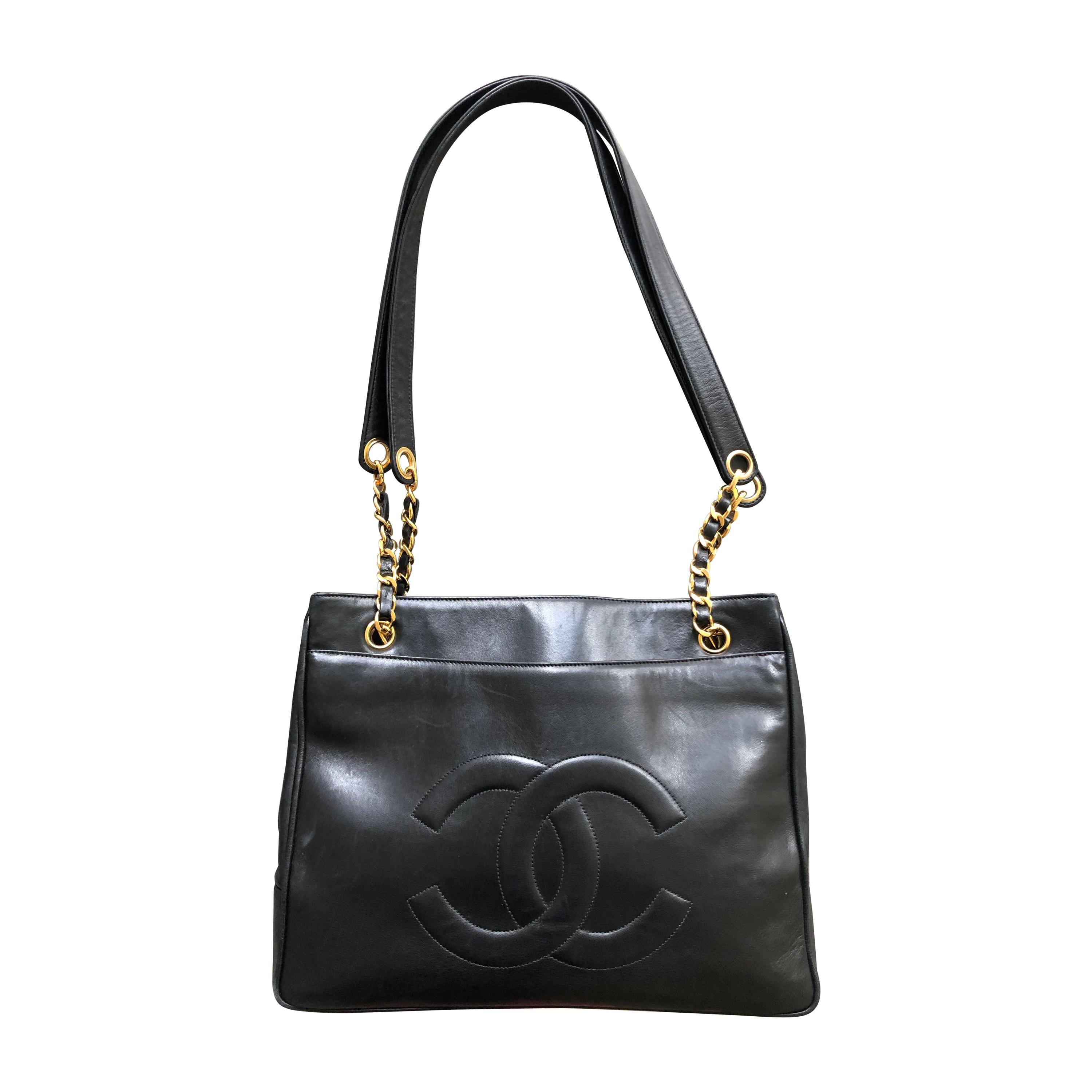 Chanel Large Vintage Black Leather Shopping Bag w Large CC Logo & Gold Hardware For Sale