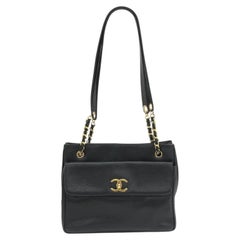 Chanel Large Vintage Front Pocket Tote Black Quilted Caviar Leather Gold Hardwar