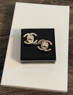 CHANEL Large Vintage Silver Turn Lock CC Logo Clip On Statement Earrings