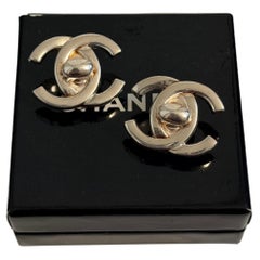 CHANEL Large Vintage Silver Turn Lock CC Logo Clip On Statement Earrings