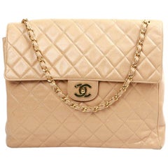 CHANEL Large Vintage Tote Bag In Beige Quilted Leather
