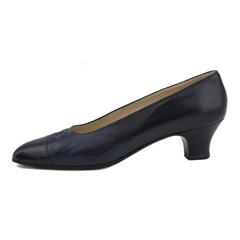 Chanel late 1980s Navy Blue Leather Logo Kitten Heels at 1stDibs | navy