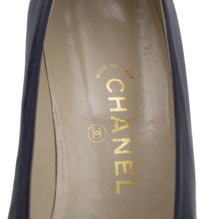Chanel late 1980s Navy Blue Leather Logo Kitten Heels at 1stDibs | navy