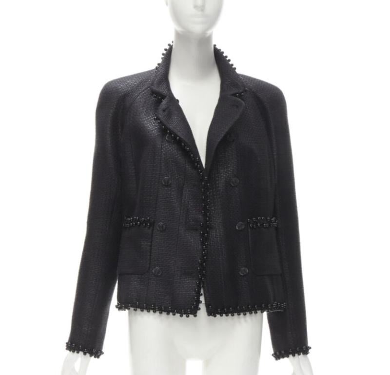 Noir CHANEL Veste à boutons en tweed laqué et ornée de perles en forme de lion CC FR42 L en vente