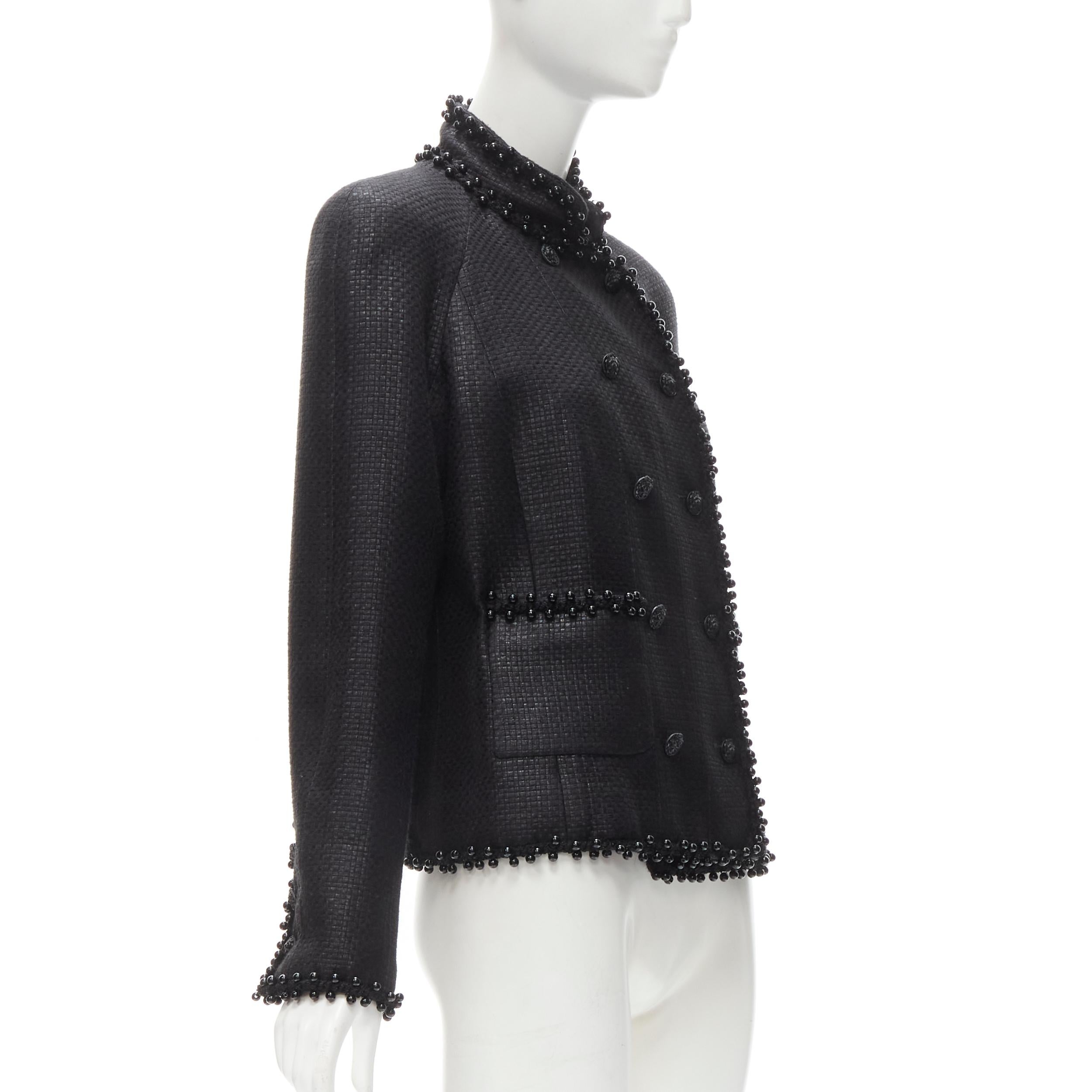 Black CHANEL lattice lacquered tweed bead embellished Lion CC button jacket FR42 L For Sale