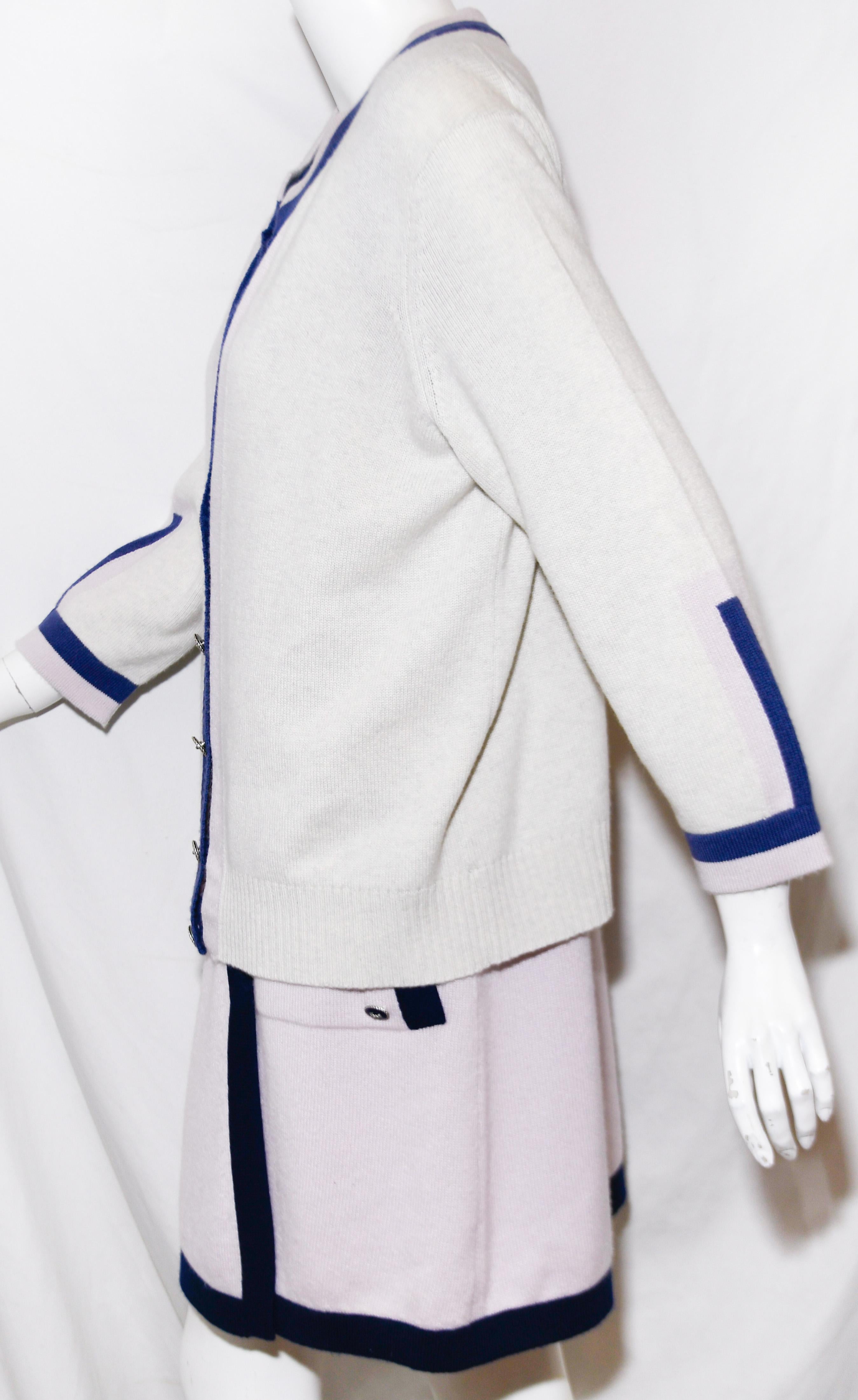 White Chanel Lavender Cashmere Dress With Blue Trim & Ivory Long sleeve Cardigan