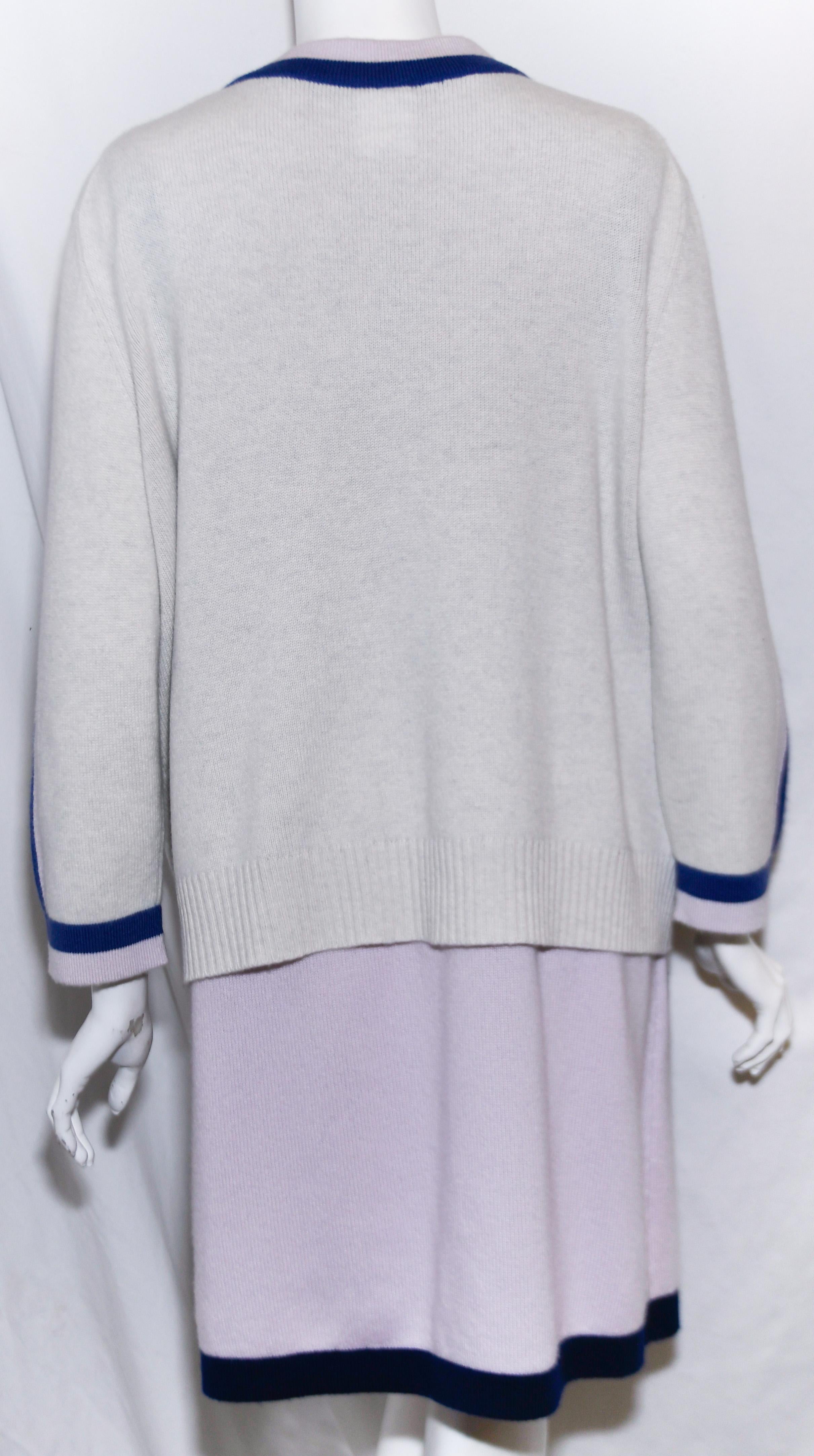Chanel Lavender Cashmere Dress With Blue Trim & Ivory Long sleeve Cardigan In Excellent Condition In Palm Beach, FL