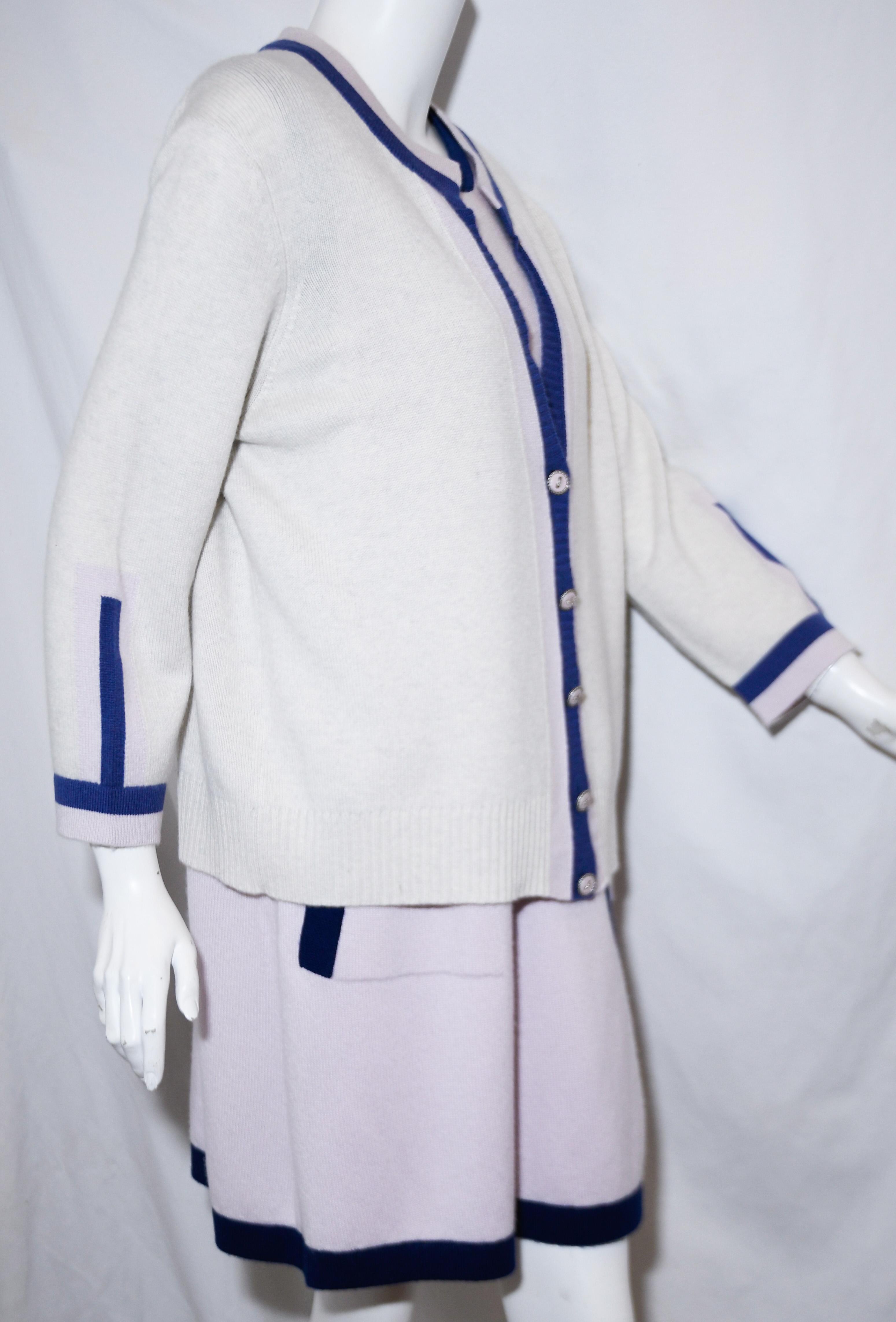 Women's Chanel Lavender Cashmere Dress With Blue Trim & Ivory Long sleeve Cardigan