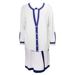 Chanel Lavender Cashmere Dress With Blue Trim & Ivory Long sleeve Cardigan