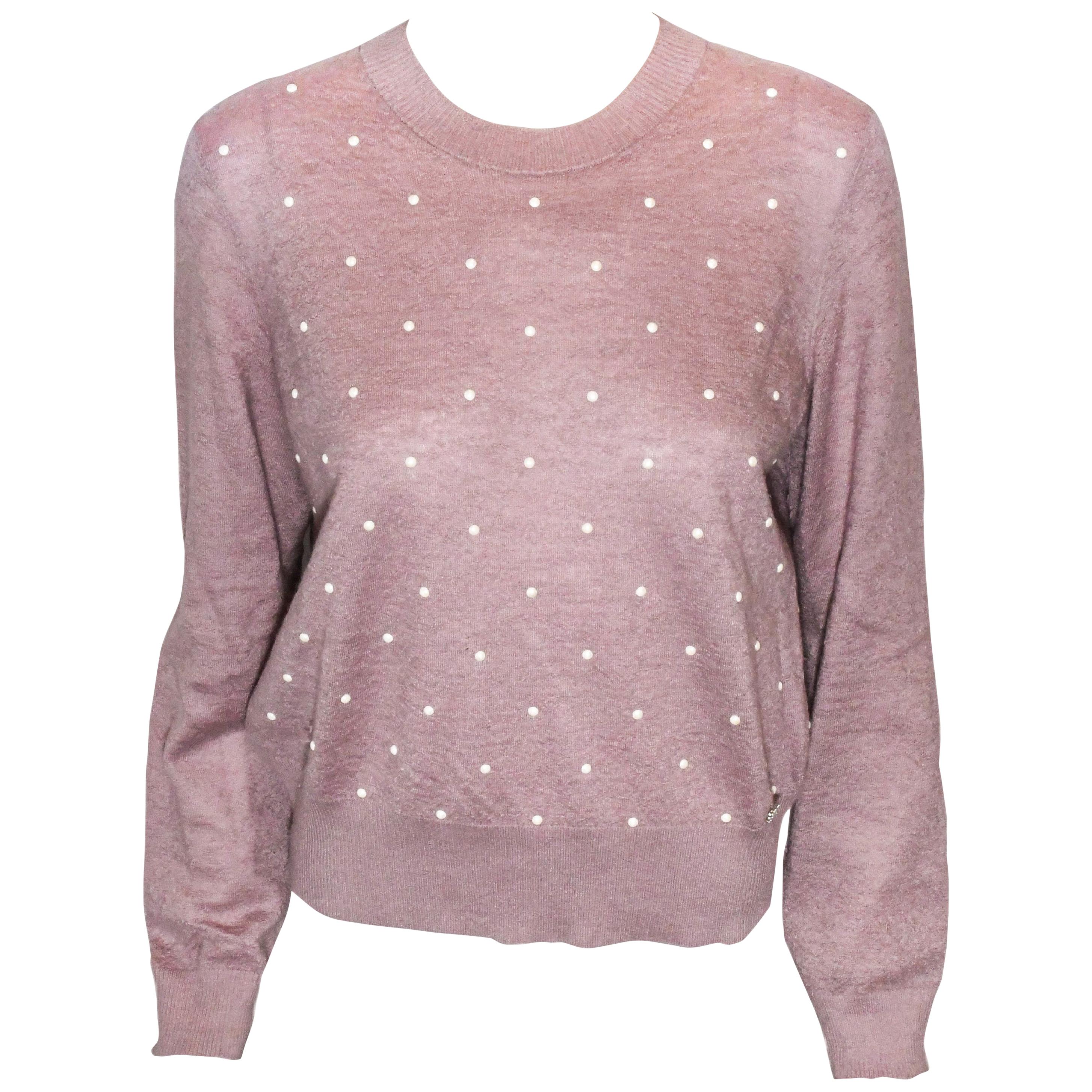 Chanel Lavender Pullover Sweater With Faux Pearl Decorations For Sale