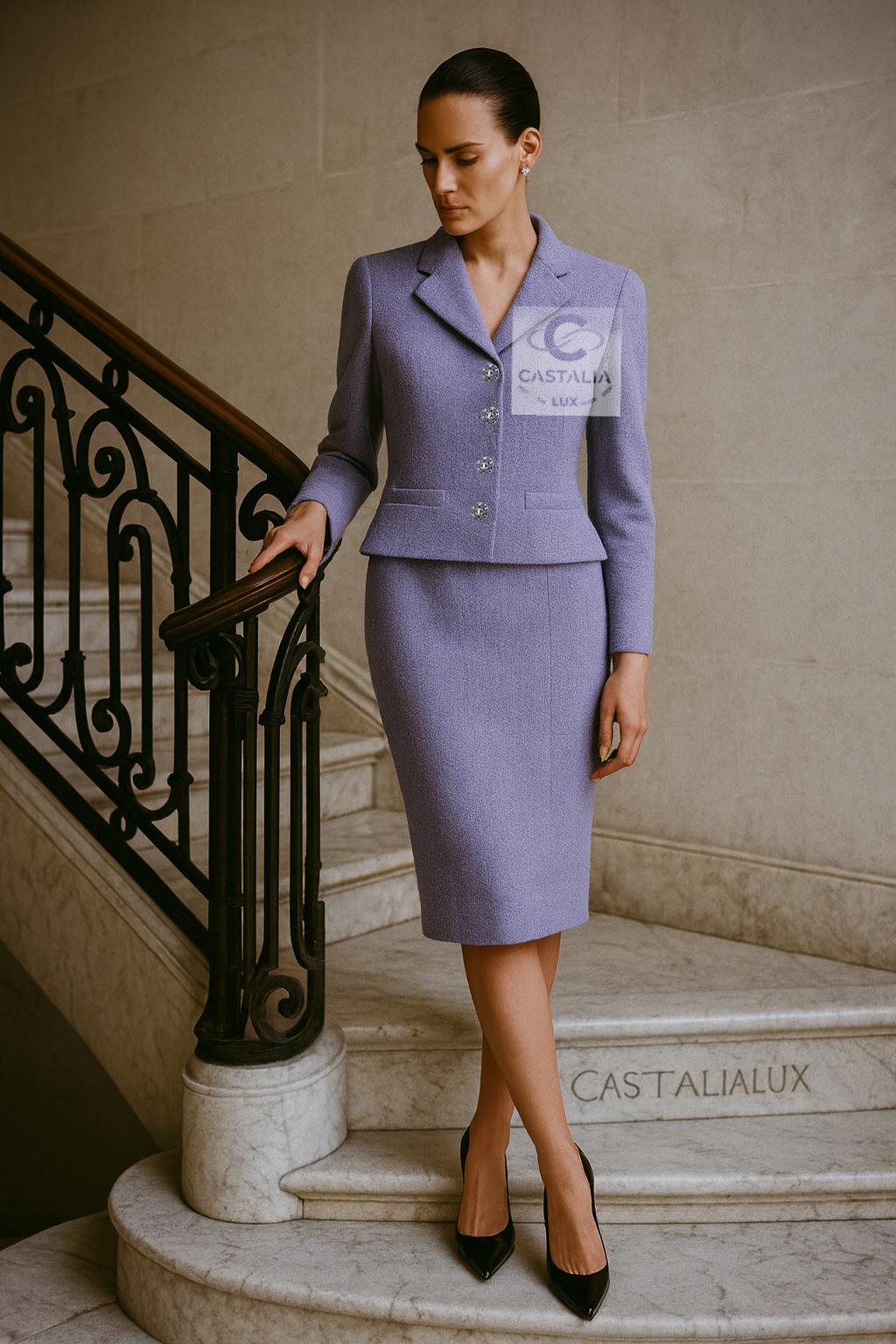 Chanel Traje de tweed lavanda con botones joya 38 FR en venta 3