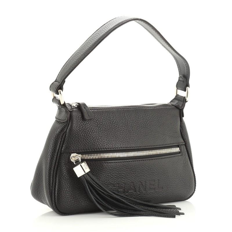 Black Chanel Lax Front Zip Bag Pebbled Leather Small
