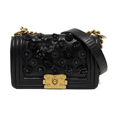 Chanel Le Boy Bag Small Camellia Black Lambskin Leather Gold Hardware