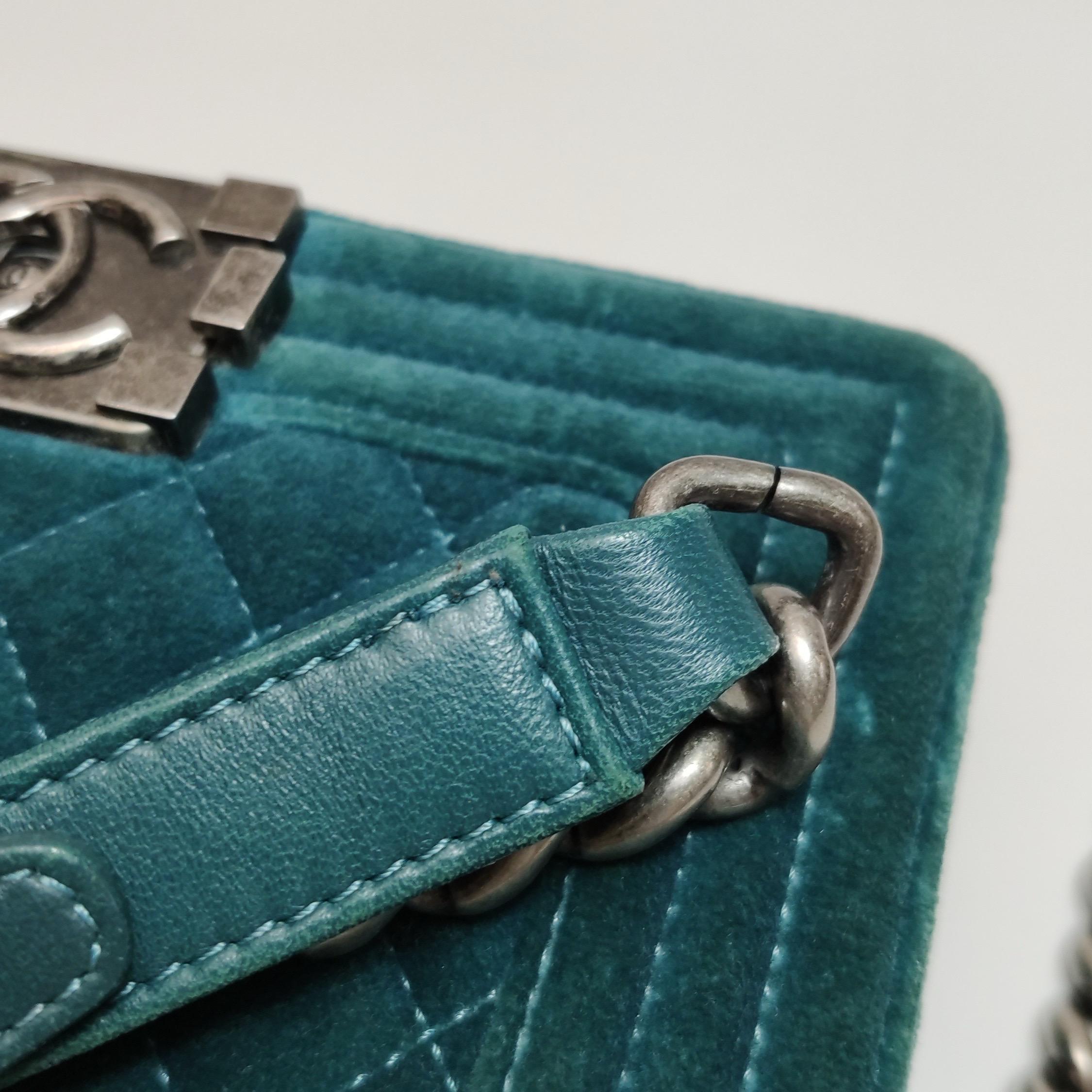 Chanel Le Boy Dark Small Green Velvet Antiqued Silver Hardware For Sale 7