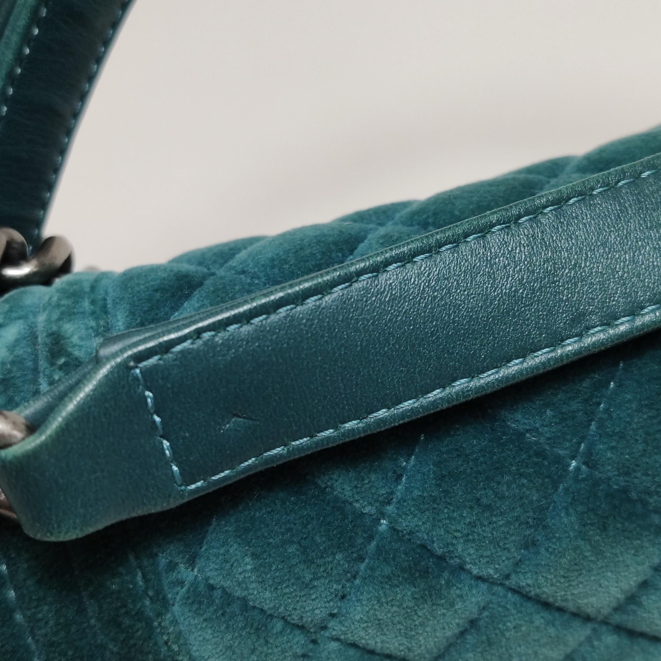 Chanel Le Boy Dark Small Green Velvet Antiqued Silver Hardware For Sale 10