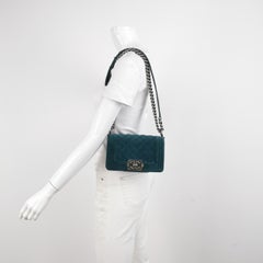 Chanel Le Boy Dark Small Green Velvet Antiqued Silver Hardware