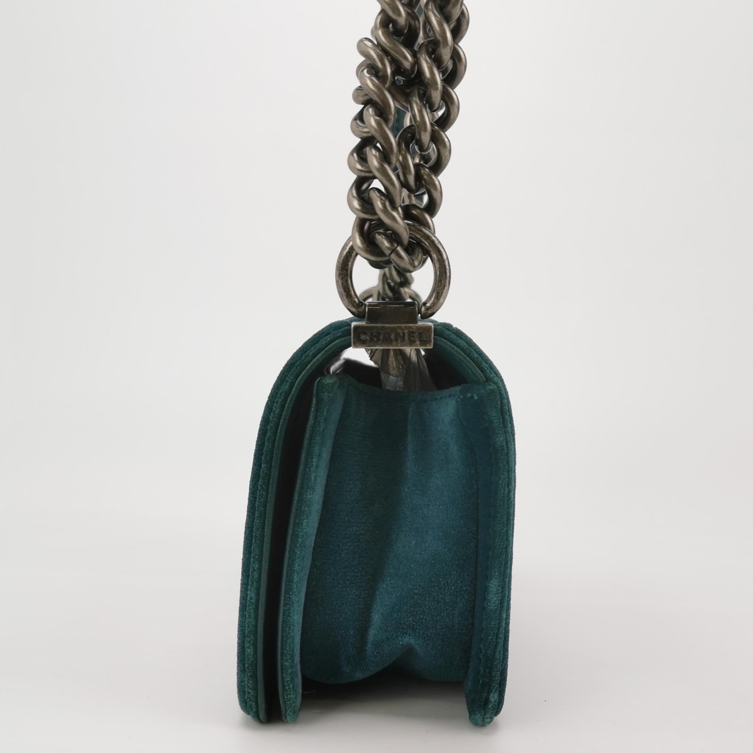 Black Chanel Le Boy Dark Small Green Velvet Antiqued Silver Hardware For Sale
