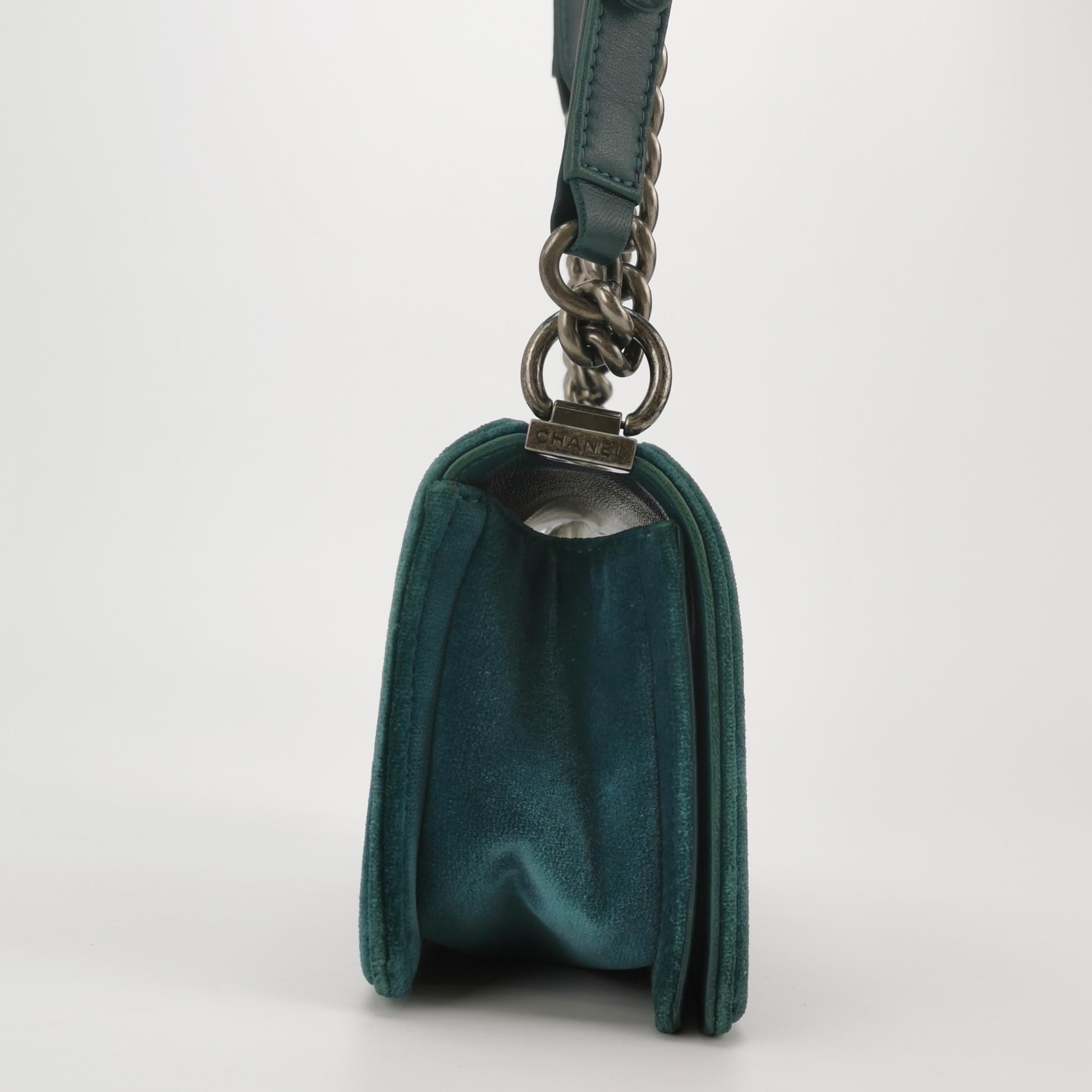 Chanel Le Boy Dark Small Green Velvet Antiqued Silver Hardware For Sale 1