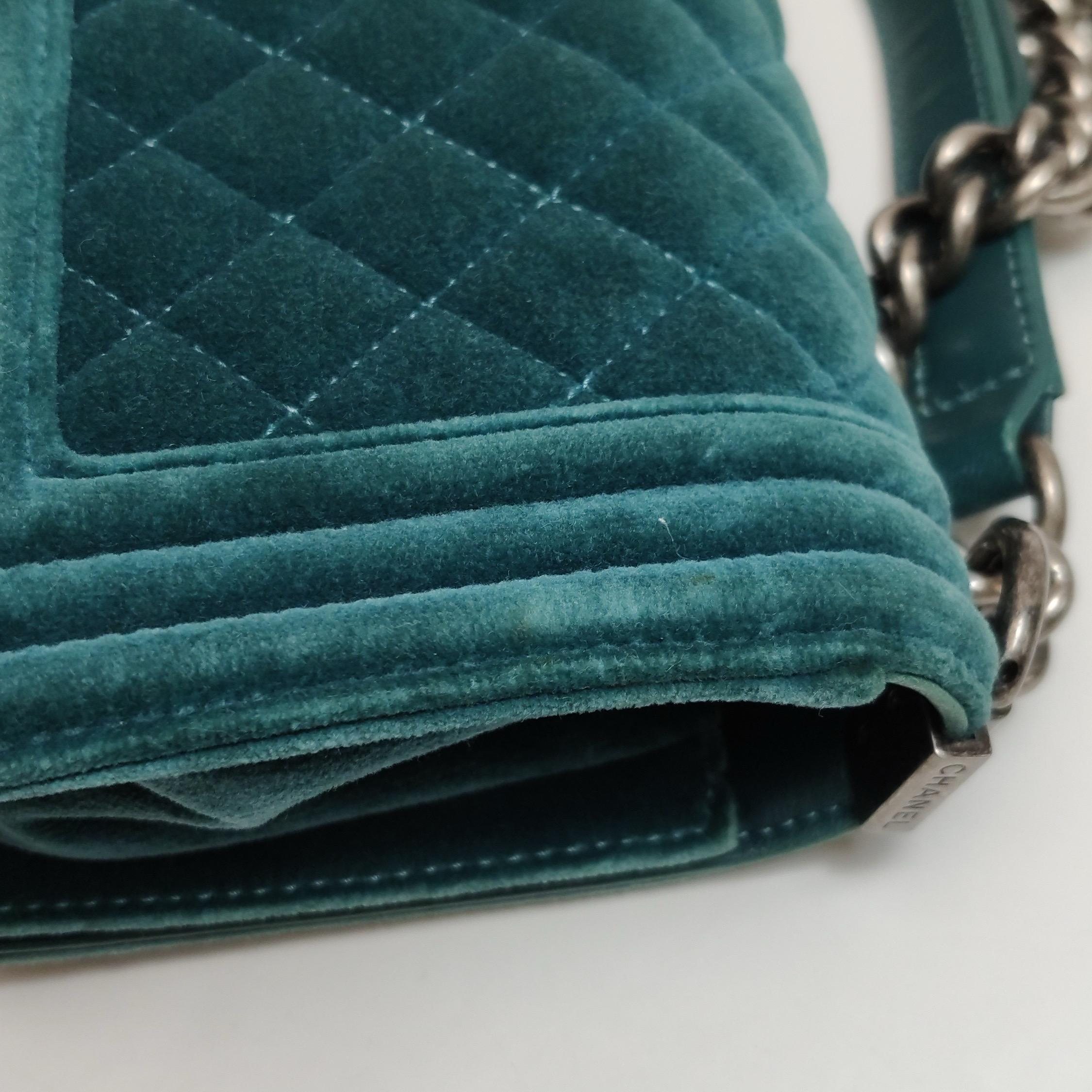 Chanel Le Boy Dark Small Green Velvet Antiqued Silver Hardware For Sale 4