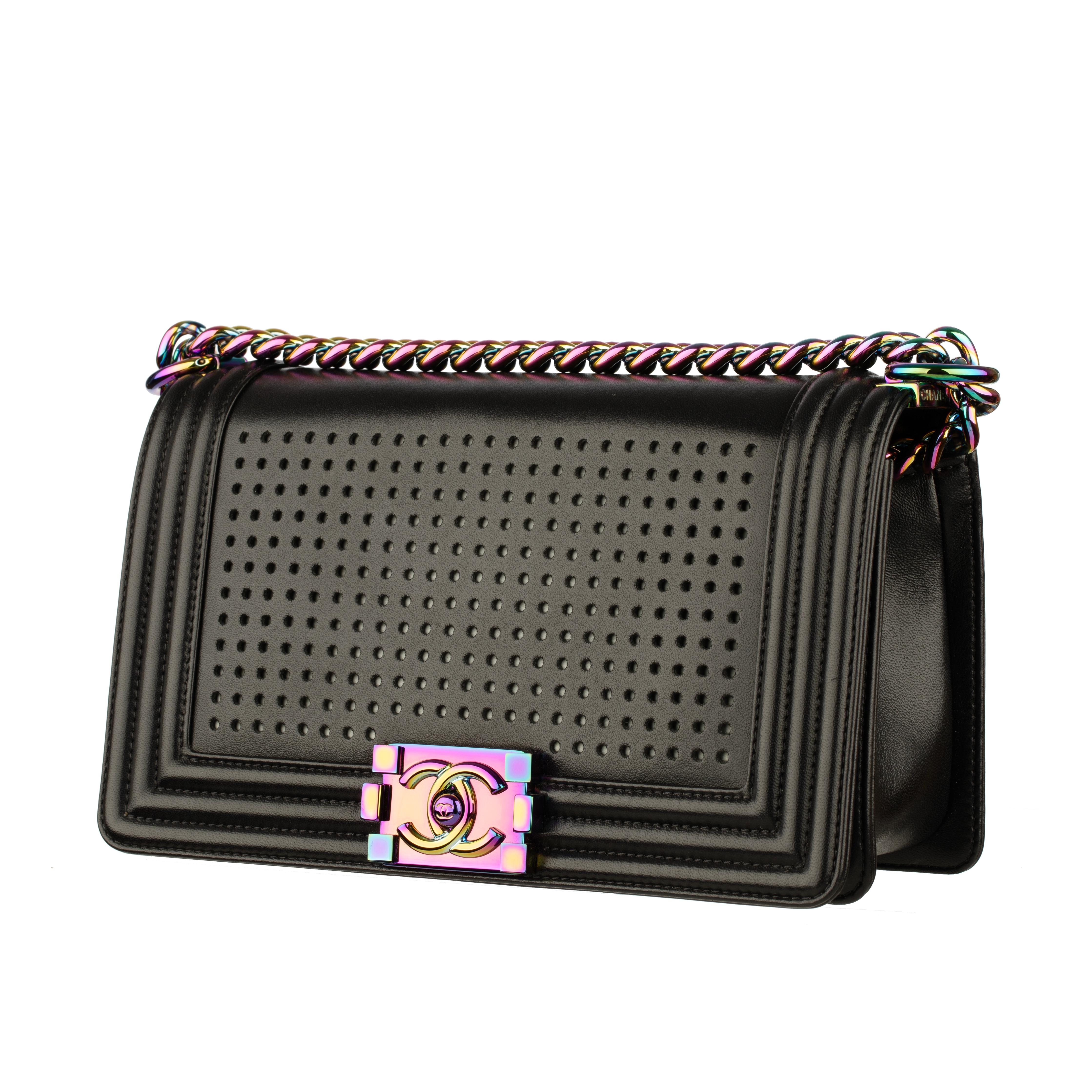 Women's or Men's Chanel Le Boy Limited Edition LED Black Lambskin Rainbow Hardware For Sale