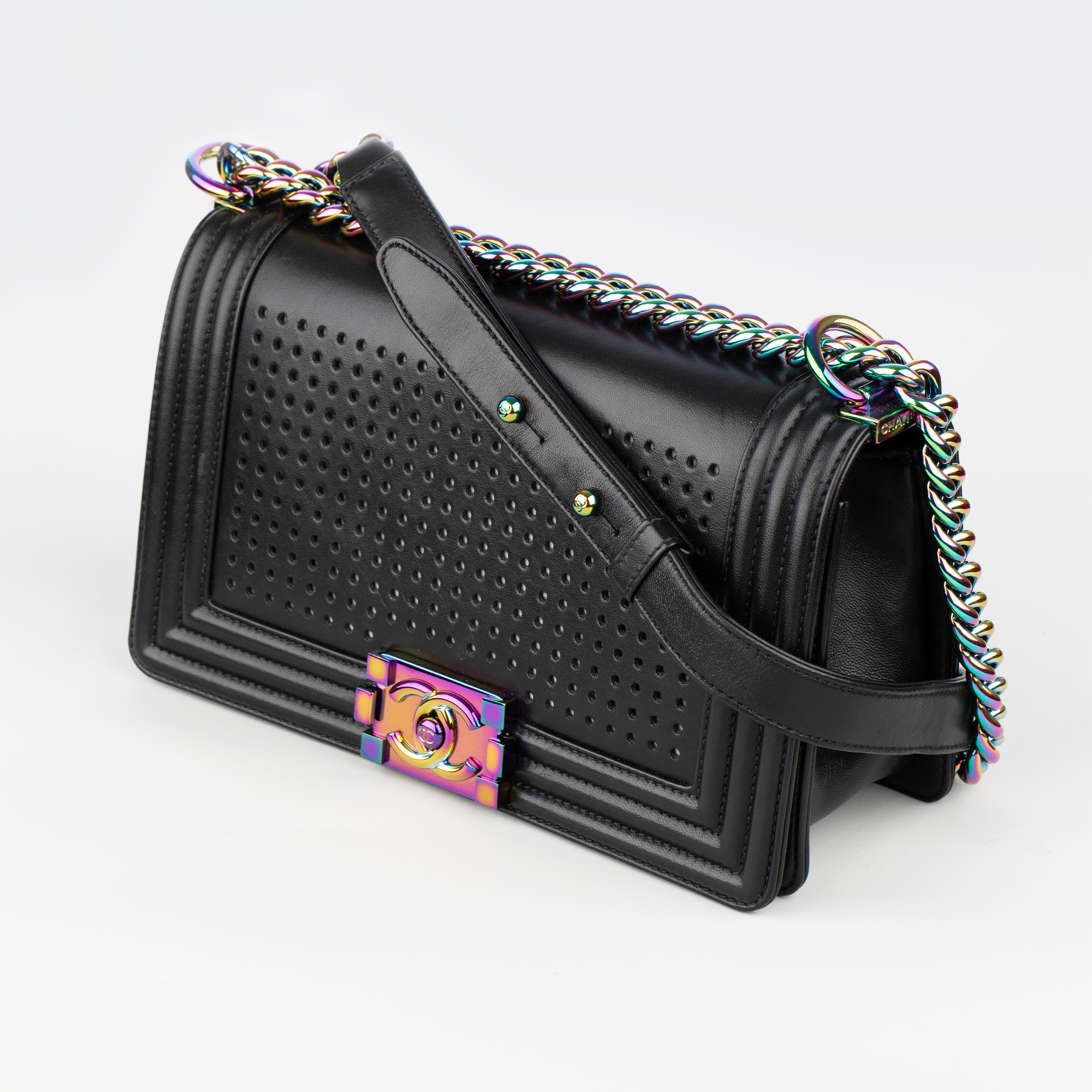 Chanel Le Boy Limited Edition LED Black Lambskin Rainbow Hardware For Sale 4