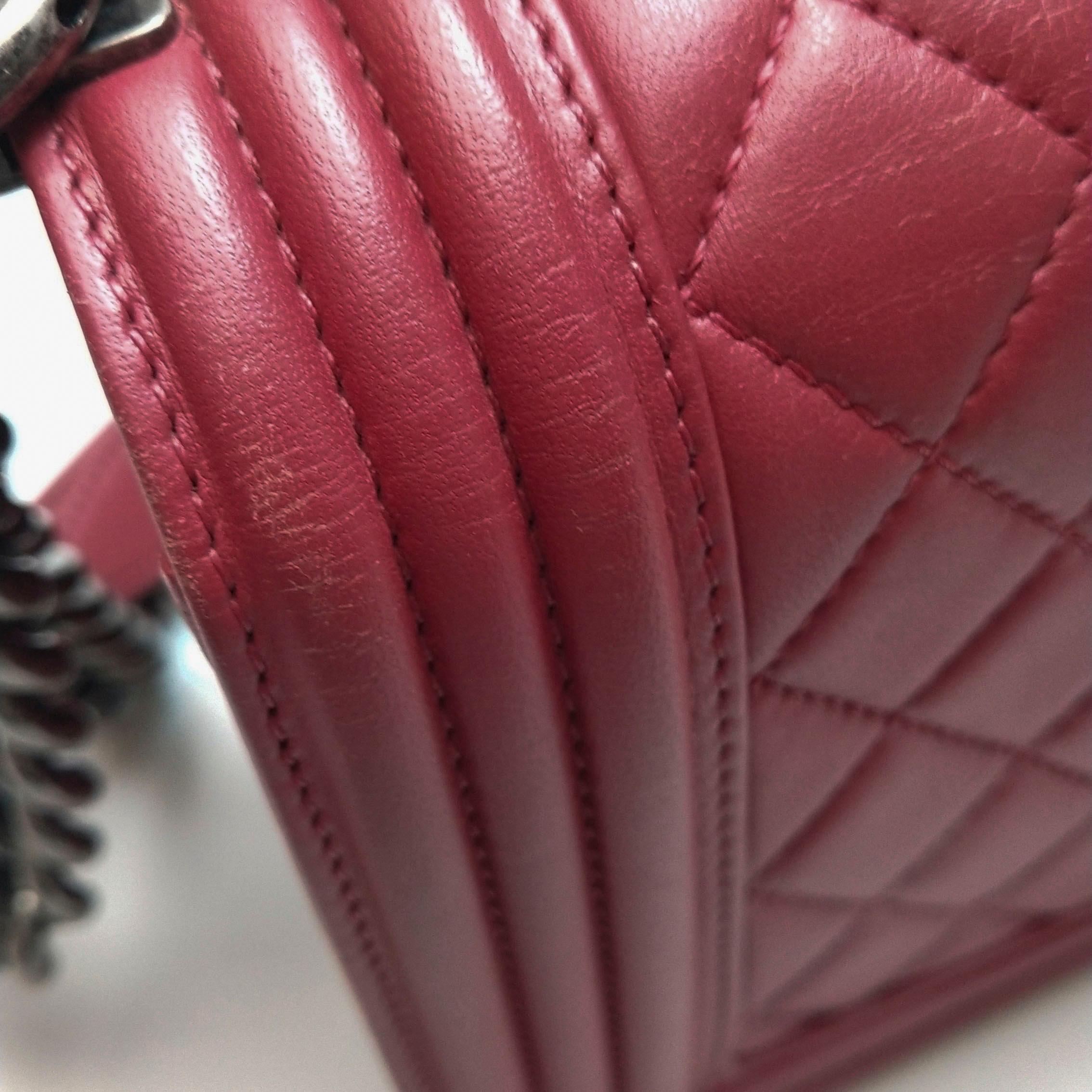 Chanel Le Boy Medium Bag Burgundy Lambskin Leather Silver Antiqued Hardware 6