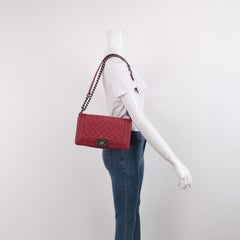 Chanel Le Boy Medium Bag Burgundy Lambskin Leather Silver Antiqued Hardware