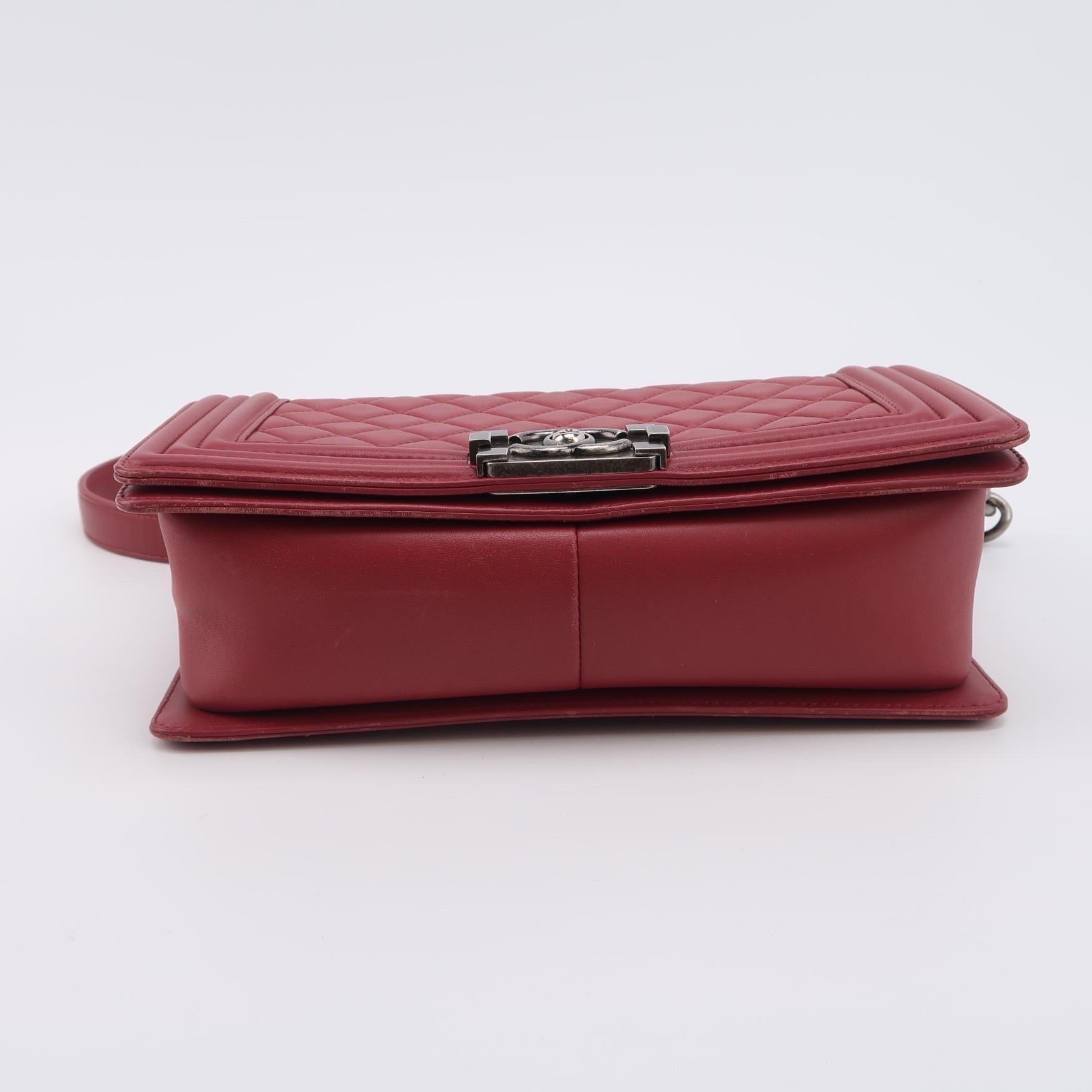Women's Chanel Le Boy Medium Bag Burgundy Lambskin Leather Silver Antiqued Hardware