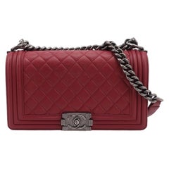 Chanel Le Boy Medium Bag Burgundy Lambskin Leather Silver Antiqued Hardware