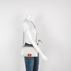 Chanel Le Boy Medium White Pearlescent Waffle Lambskin Leather Red Lock 2013-201