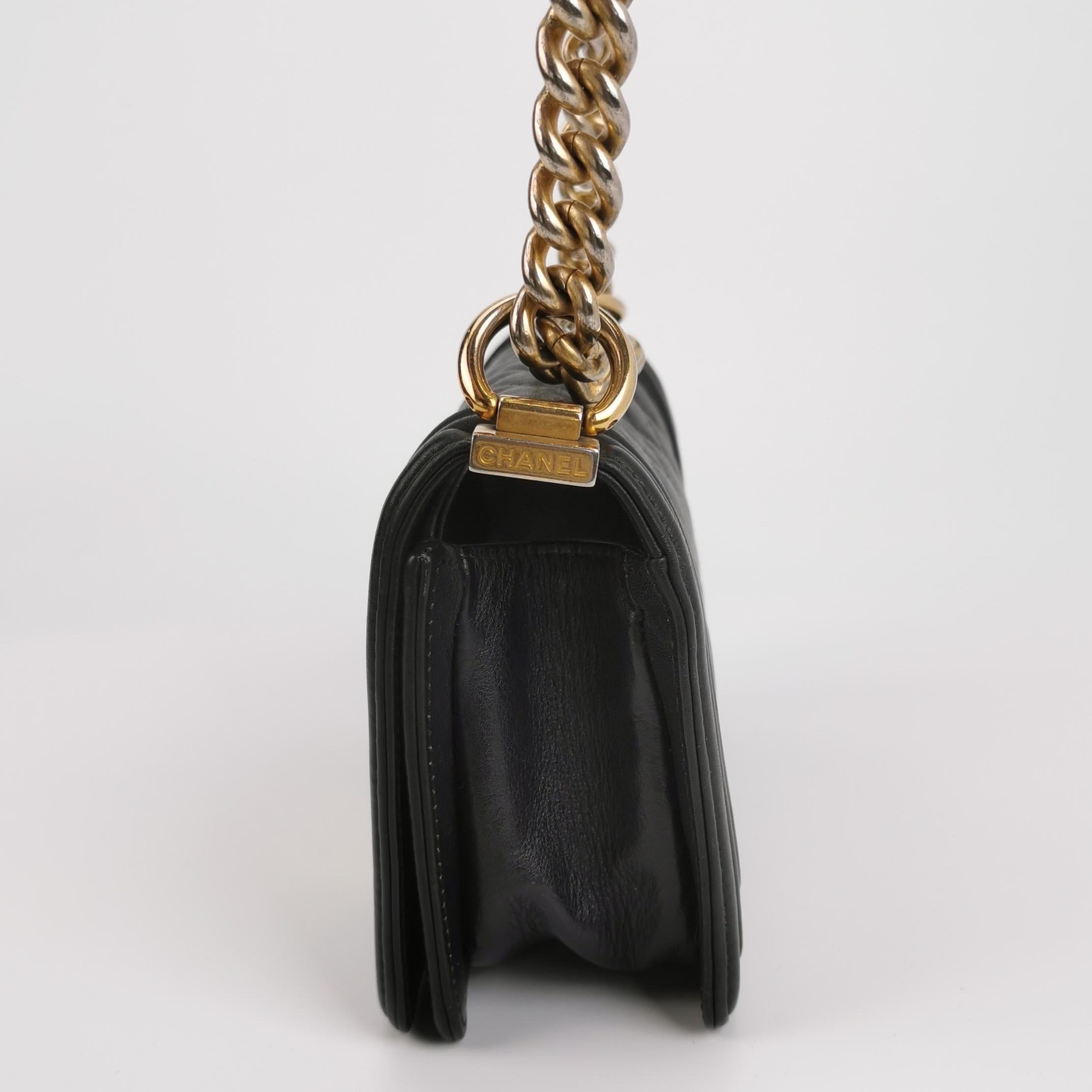 Chanel Le Boy Small Black Lambskin Leather Antiqued Gold Hardware For Sale 1