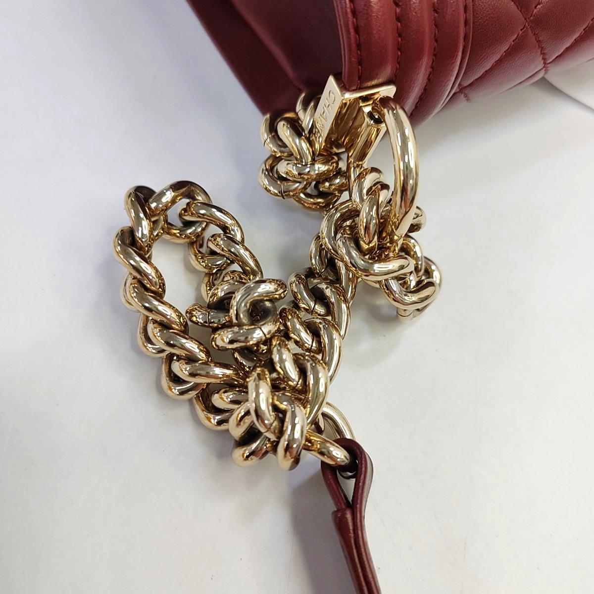 Chanel Le Boy Small Burgundy Lambskin Leather Antiqued Gold Hardware 5