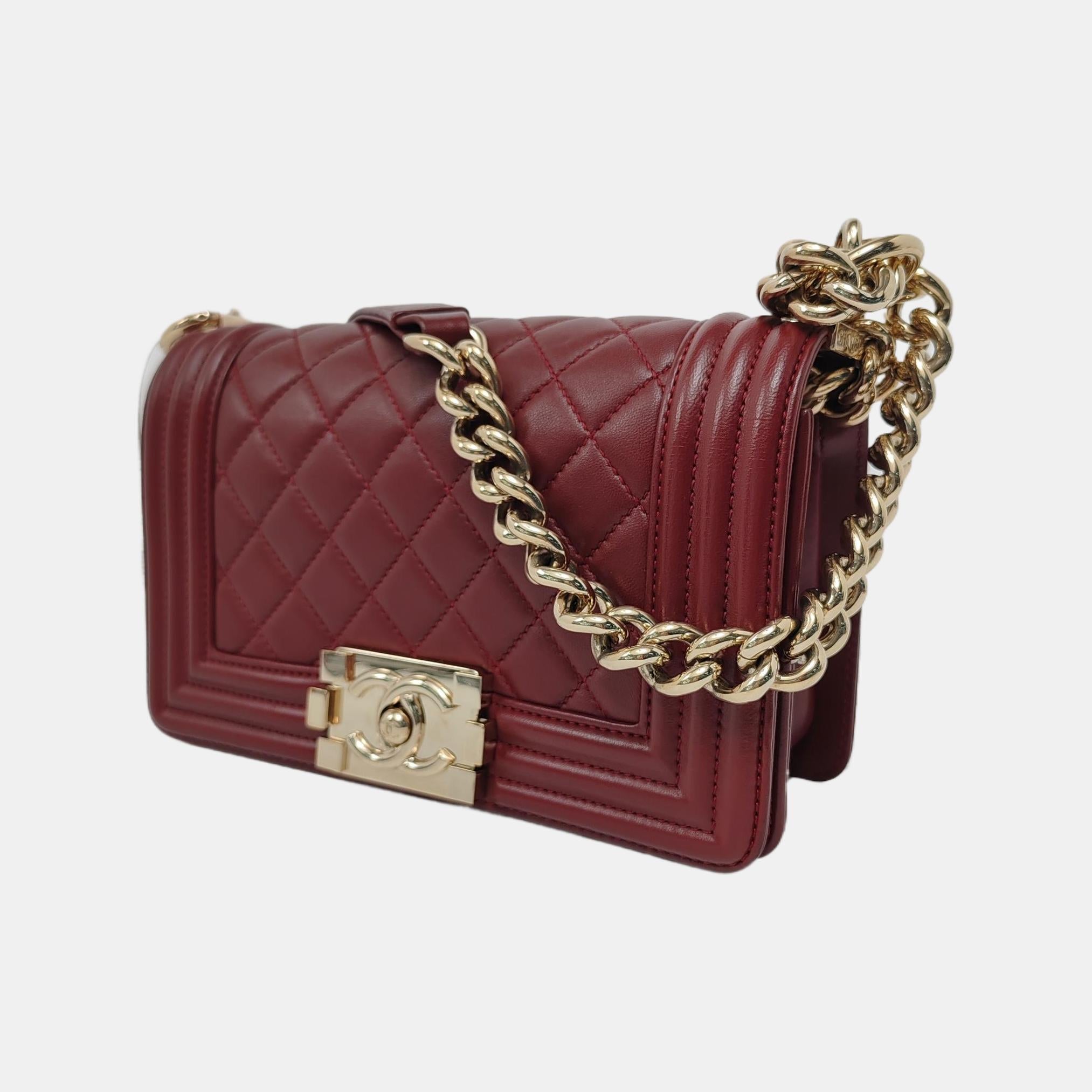 Brown Chanel Le Boy Small Burgundy Lambskin Leather Antiqued Gold Hardware