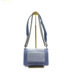 Chanel Le Boy Small Denim Blue Jeans Chevron Stitching Silver Hardware