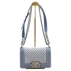 Chanel Le Boy Small Denim Blue Jeans Chevron Stitching Silver Hardware