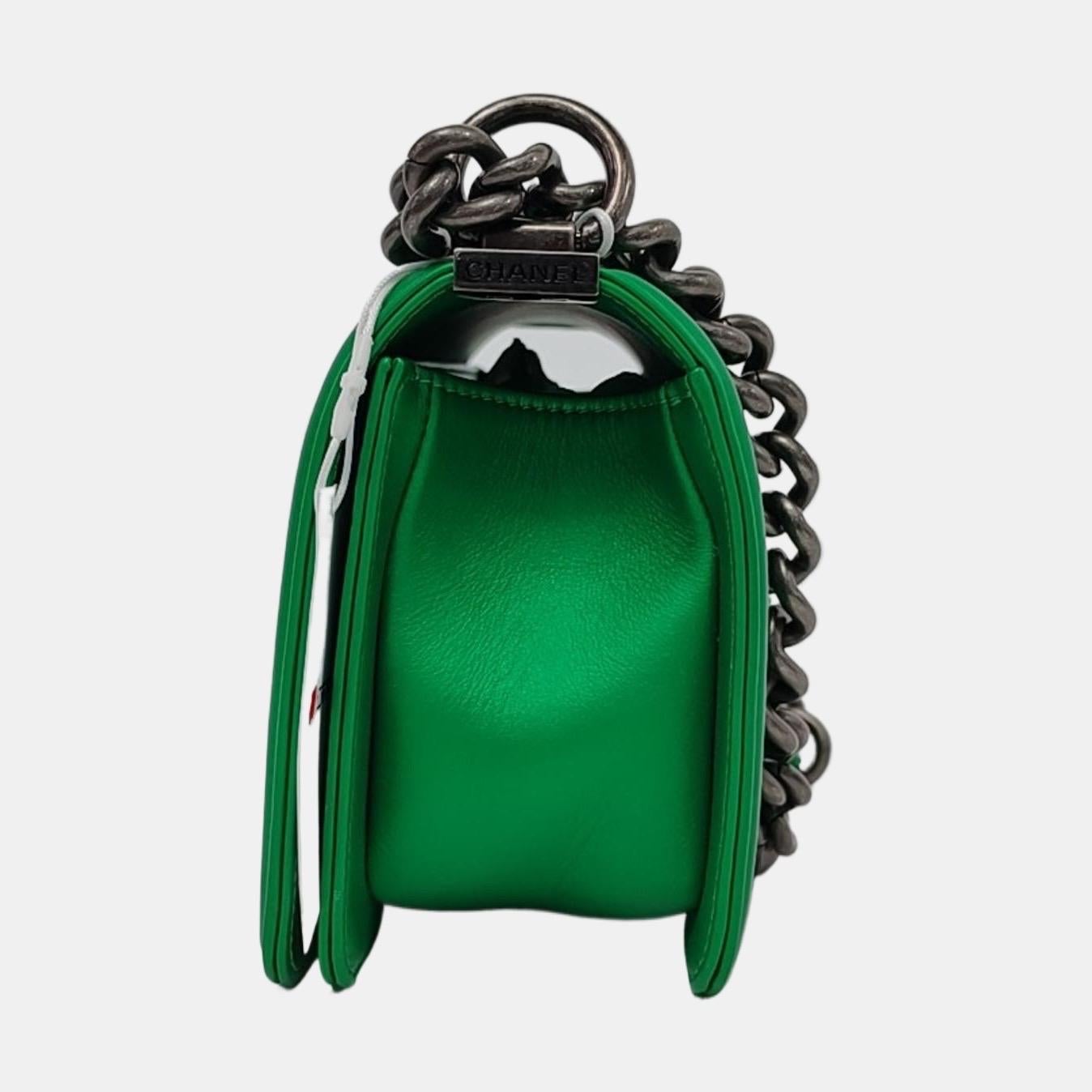 Blue Chanel Le Boy Small Green Calfskin Leather Bag Antiqued Silver Hardware 2014-201