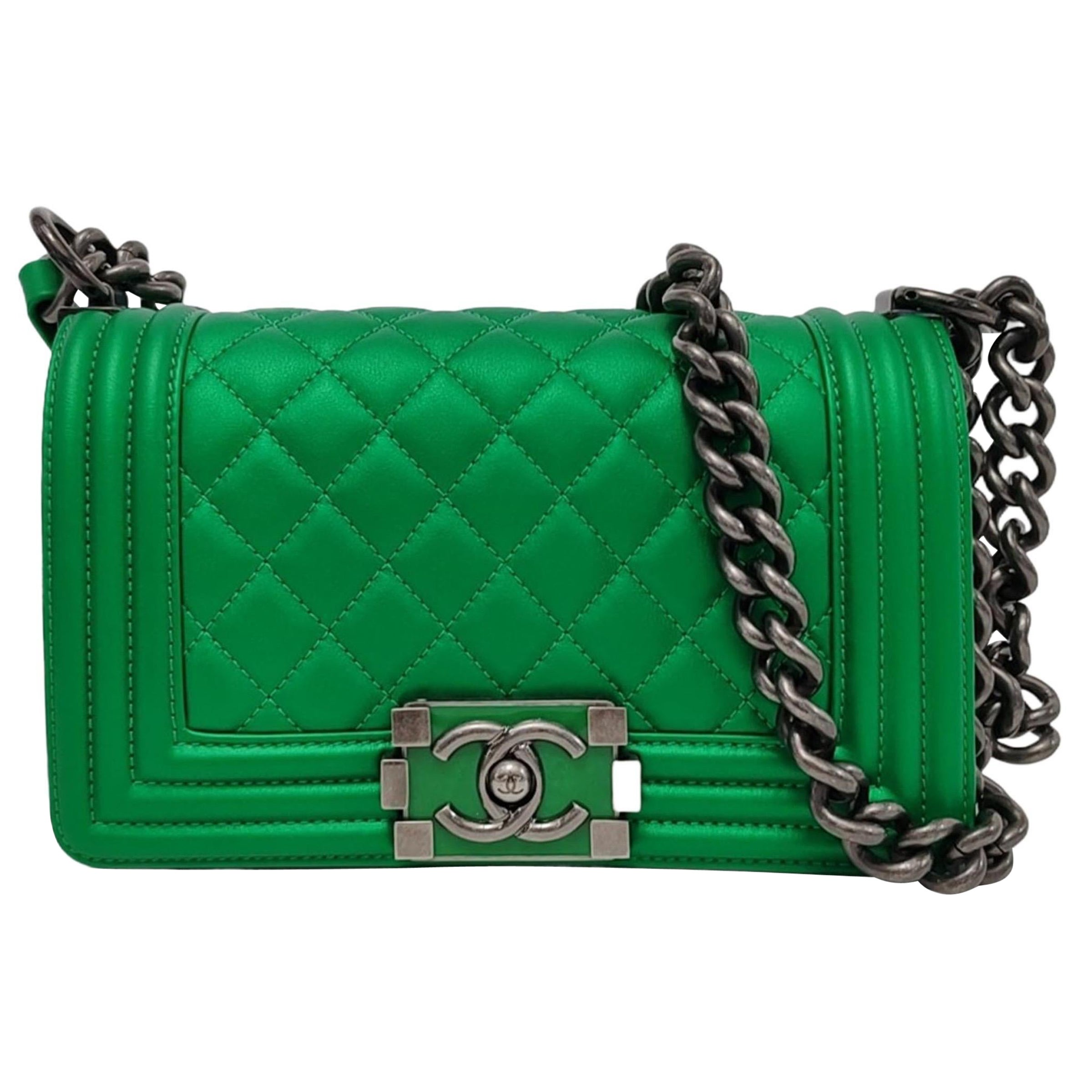 Chanel Le Boy Small Green Calfskin Leather Bag Antiqued Silver Hardware 2014-201