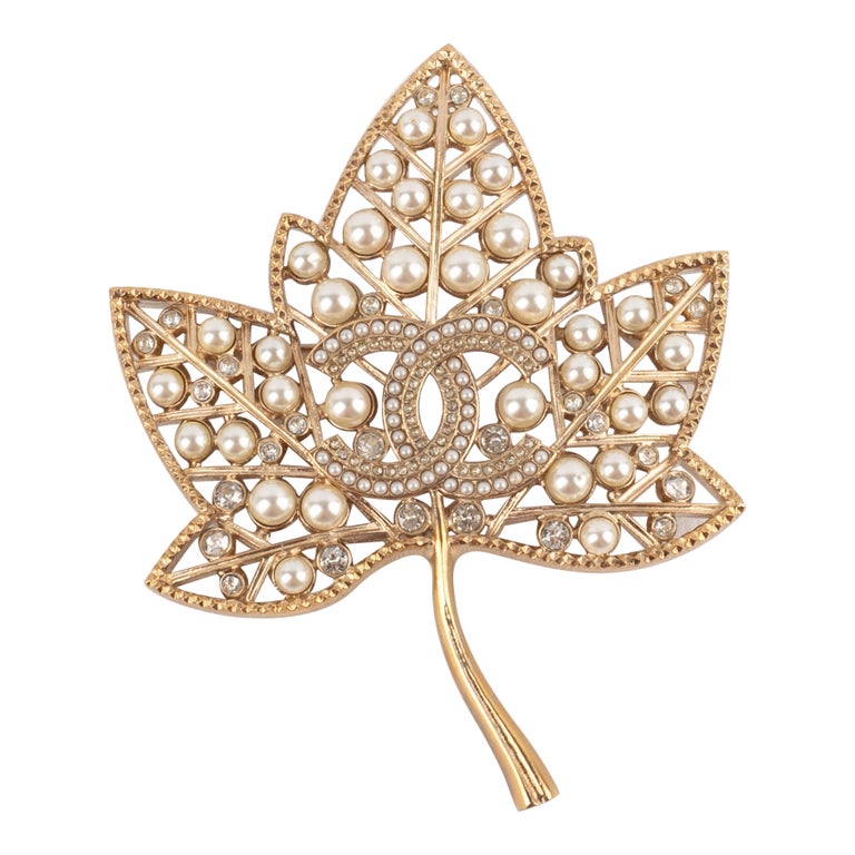 Chanel Leaf Brooch with Tiny Costume Pearls and Rhinestones, 2018