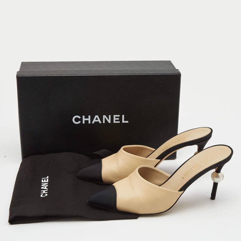 Chanel Beige/Black Leather and Canvas CC Pearl Embellished Heel