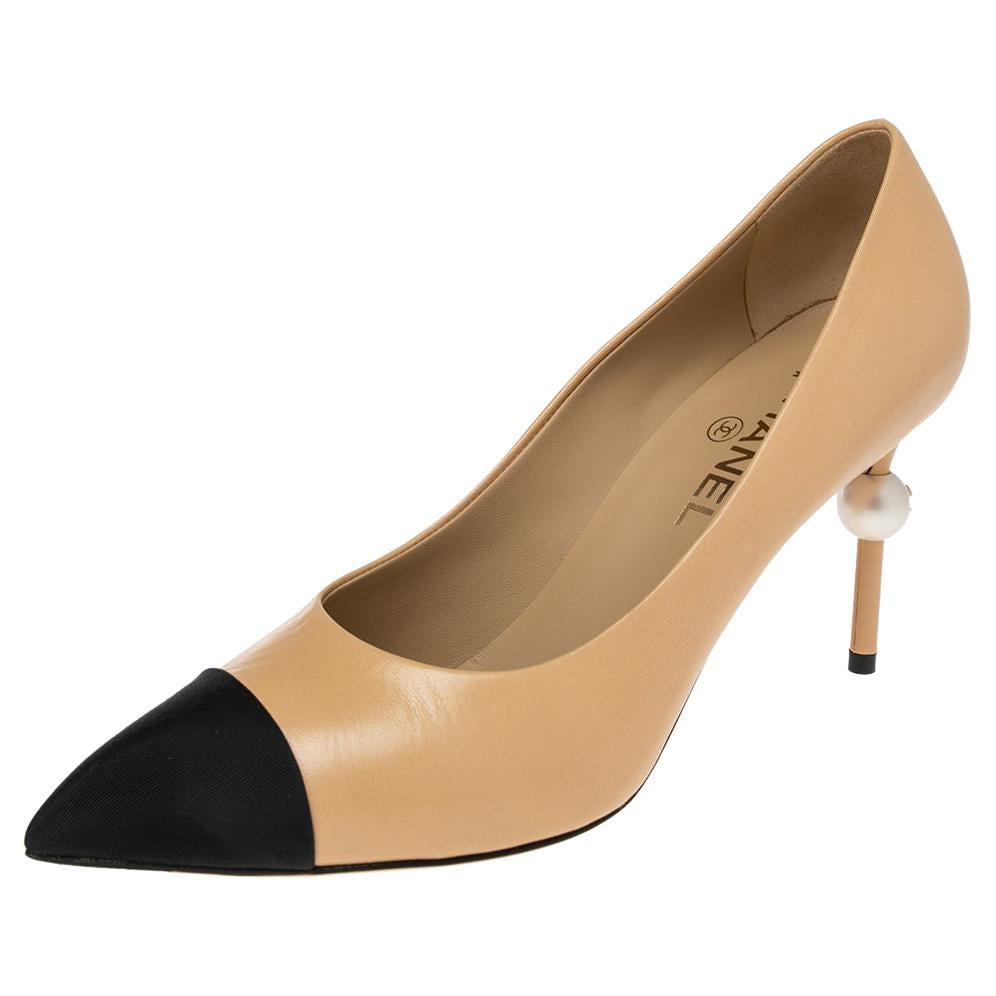 Chanel Leather And Canvas Faux Pearl Cap Toe Pointed Toe Pumps 
