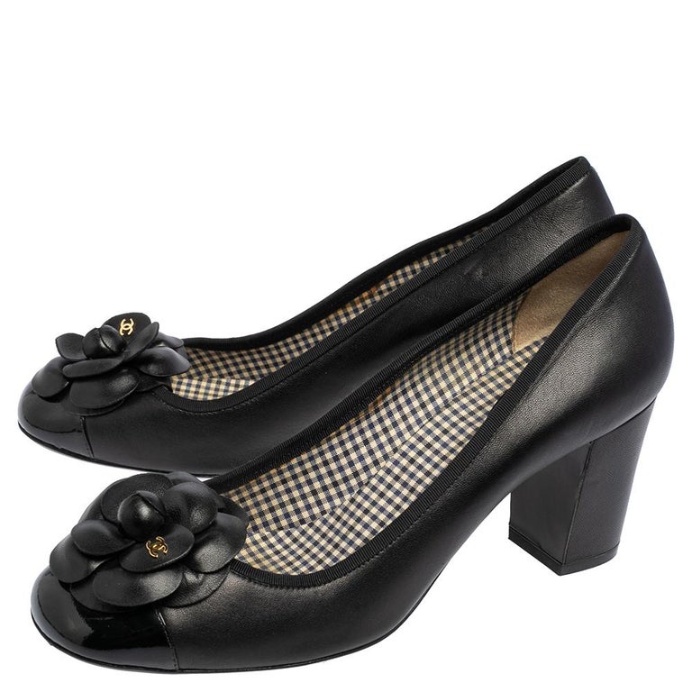 Chanel Leather and Patent Leather Cap Toe Camellia Block Heel Pumps Size 41  at 1stDibs
