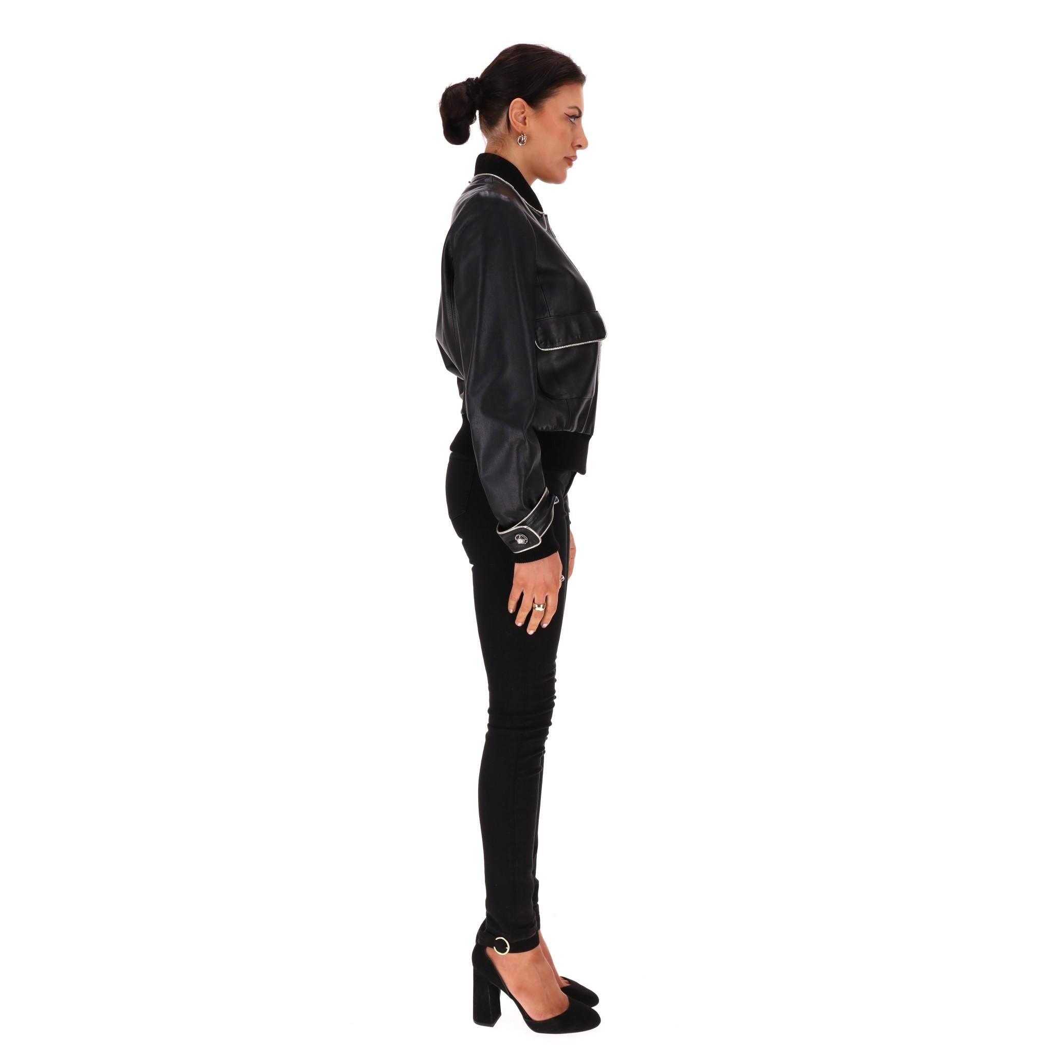 Black Chanel Leather Bomber Jacket With Pearl Buttons For Sale