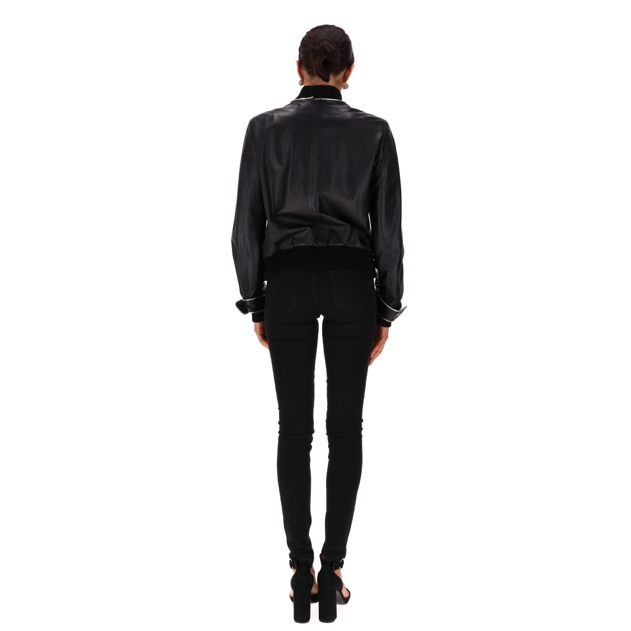 Chanel Leather Bomber Jacket With Pearl Buttons In Fair Condition For Sale In London, GB
