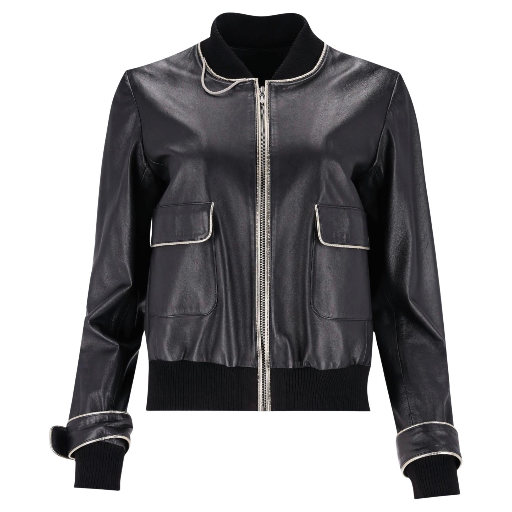 Chanel Leather Bomber Jacket With Pearl Buttons For Sale