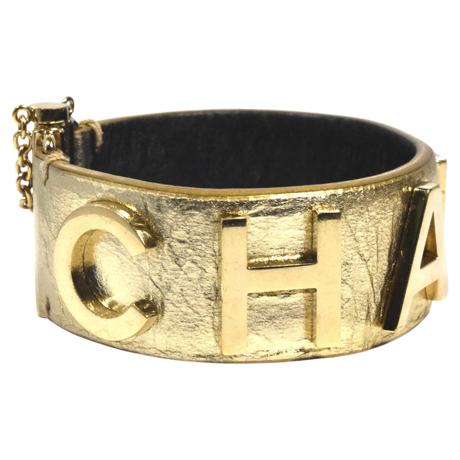 Chanel Leather Bracelet Bangle Logo Gold