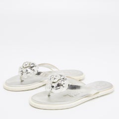 Chanel Leather CC Camellia Flat Flip Flop Thong Sandals Size 36.5