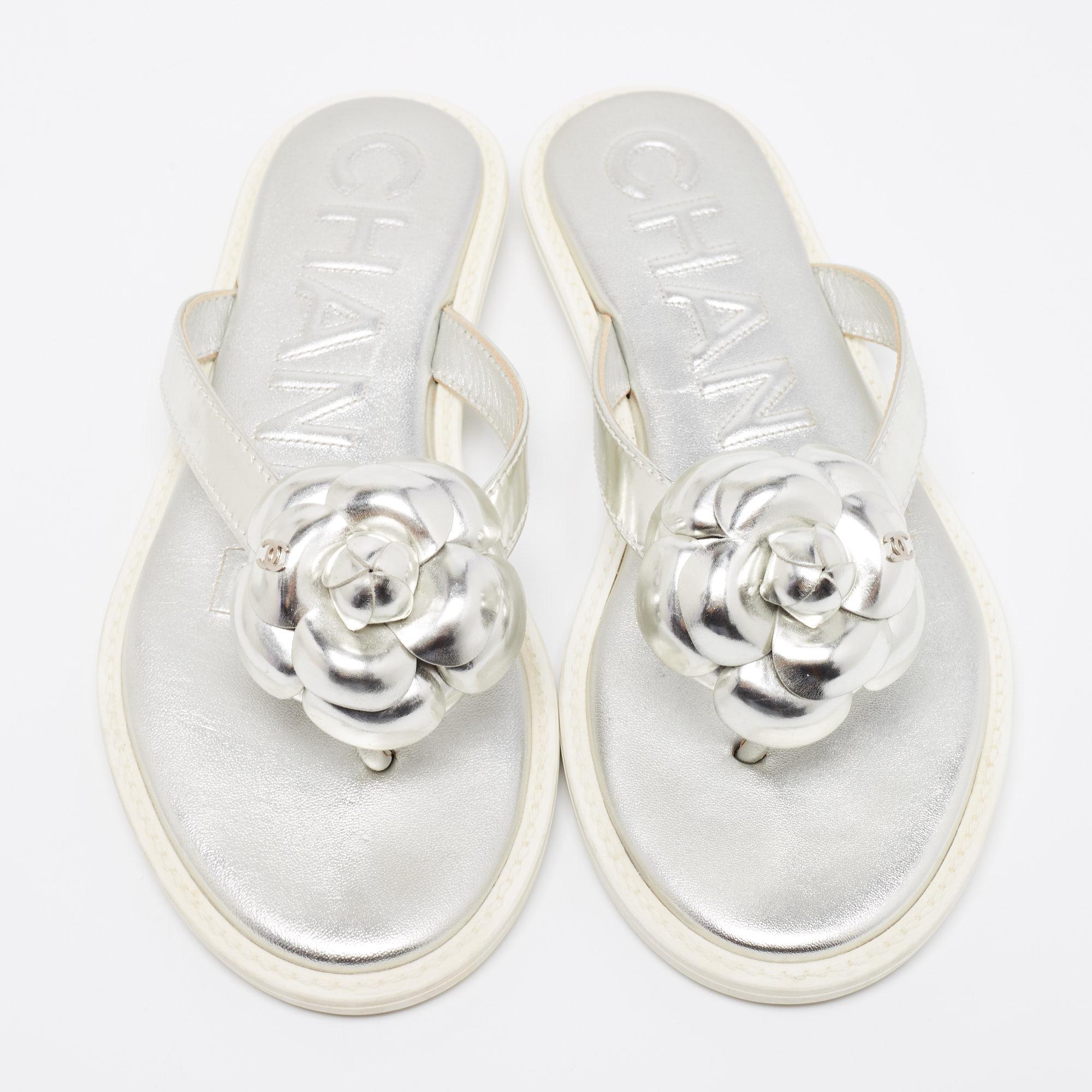 Women's Chanel Leather CC Camellia Flat Flip Flop Thong Sandals Size 36.5