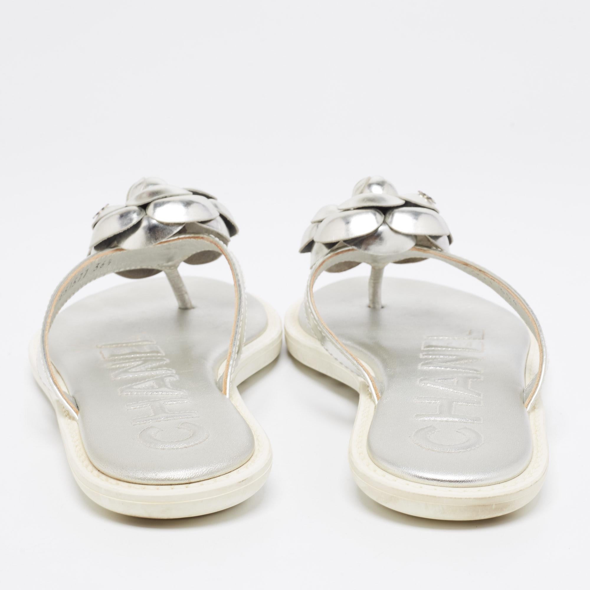 Chanel Leather CC Camellia Flat Flip Flop Thong Sandals Size 36.5 1